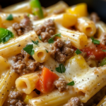 Indulge in Philly Cheesesteak Pasta! Creamy, cheesy, and packed with beefy flavor for the ultimate comfort meal