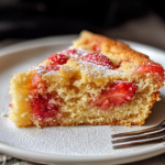 This image features a slice of cake with a rustic, homemade appearance, served on a white plate. The cake has a light, golden-brown exterior with visible chunks of fresh strawberries embedded within its moist crumb. A generous sprinkling of sugar on the surface gives it a slightly caramelized texture. The backdrop is simple and inviting, suggesting a cozy kitchen or dining setting, perfect for enjoying a slice of freshly baked cake. The focus is on the cake slice, emphasizing its fluffy texture and the vibrant red pops of strawberry. The overall composition is warm, appetizing, and exudes a sense of homemade comfort.