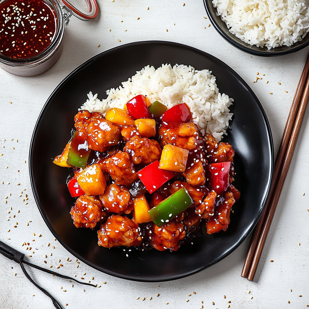 Sweet and Sour Chicken with crispy chicken, peppers, pineapple, and a tangy sauce