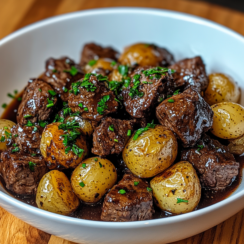 Slow Cooker Garlic Butter Beef Bites & Potatoes