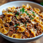 Cheesy Beef & Bowtie Pasta in Garlic Butter