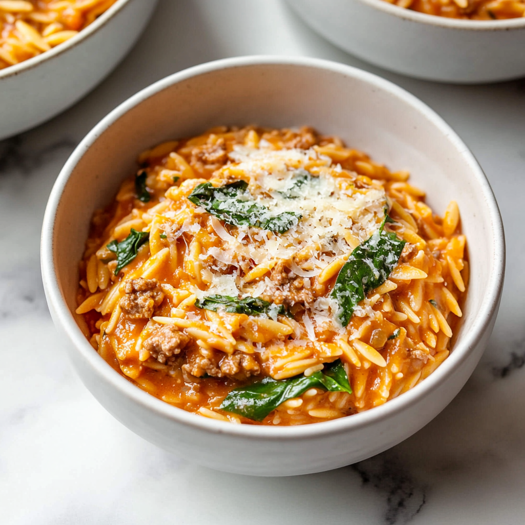 Ground Beef Orzo with Tomato Cream Sauce