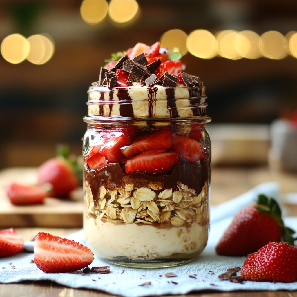 Creamy Blended Strawberry Oats with Crunchy Chocolate Shell