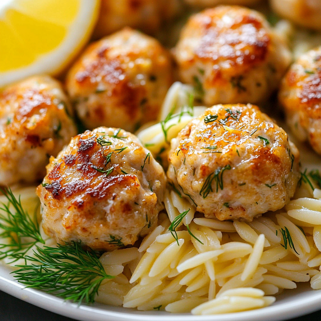 Greek Chicken Meatballs with Lemon Orzo