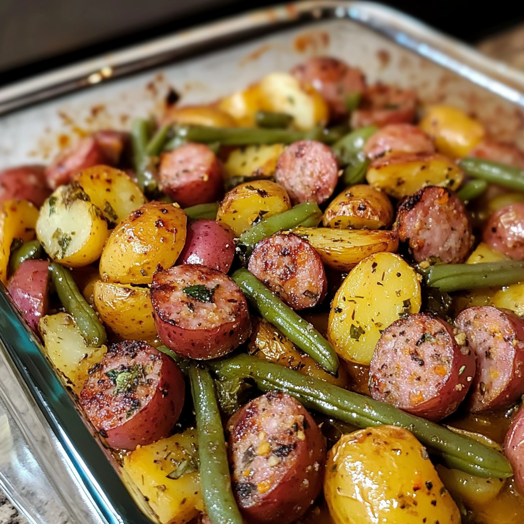 This image shows a close-up of a fork holding a bite of food from a hearty one-pan meal. Speared on the fork are: A small, round baby potato with a golden-yellow hue and a lightly seasoned exterior. A slice of sausage, browned on the edges with a slightly reddish interior. A few green bean segments, cooked until tender but still retaining a vibrant green color. The bite is coated in a light seasoning—likely salt, pepper, and possibly other herbs—evident from the small dark specks visible on the food. Below the fork, on the plate, you can see additional baby potatoes, sausage slices, and green beans arranged in a casual mound. Their surfaces appear lightly glistening, suggesting they have been roasted or baked together, allowing flavors to meld. Sausage, Green Bean & Potato Casserole