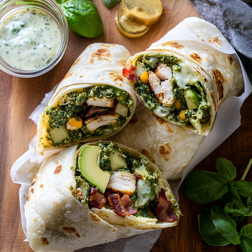 Why You’ll Love These Wraps These Pesto Chicken and Avocado Bacon Salad Wraps are everything you want in a meal—quick, delicious, and packed with flavor. Here’s why they’ll become your new favorite go-to wrap: 1. Quick & Easy With just 20 minutes of prep time, these wraps are a perfect weeknight meal or meal prep option. No complicated steps—just toss, assemble, and roll! 2. Packed with Flavor The combination of basil pesto, grilled chicken, crispy bacon, and creamy avocado creates a rich and satisfying bite. Add in the homemade Caesar dressing, and you’ve got a flavor-packed wrap that rivals any restaurant dish. 3. Healthy & Nutritious These wraps offer a great balance of protein, healthy fats, and fresh greens. The avocado provides heart-healthy fats, while the chicken and bacon add a solid protein boost, keeping you full and energized. 4. Versatile & Customizable Easily adjust the ingredients to fit your preferences! Swap bacon for turkey bacon, use a low-carb or gluten-free tortilla, or add extra veggies like bell peppers or cucumbers for a fresh crunch. 5. Perfect for Meal Prep Make these wraps ahead of time and store them for an easy grab-and-go lunch. Just wrap them tightly and keep them in the fridge for up to two days. 6. Serve Hot or Cold Enjoy them fresh and chilled, or lightly toast them in a skillet for a warm, crispy wrap experience. Either way, they’re delicious! Pesto Chicken & Avocado Bacon Salad Wraps