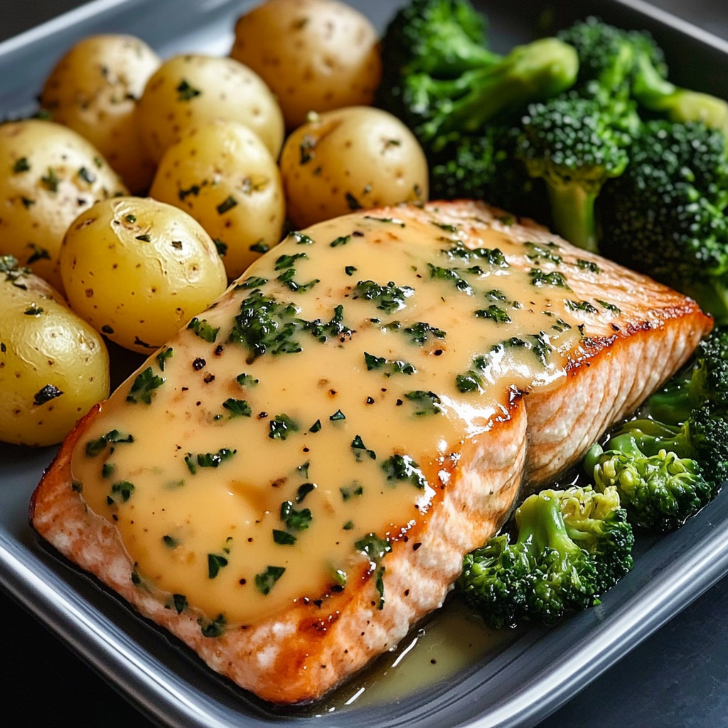 Garlic Butter Salmon with Baby Potatoes & Broccoli