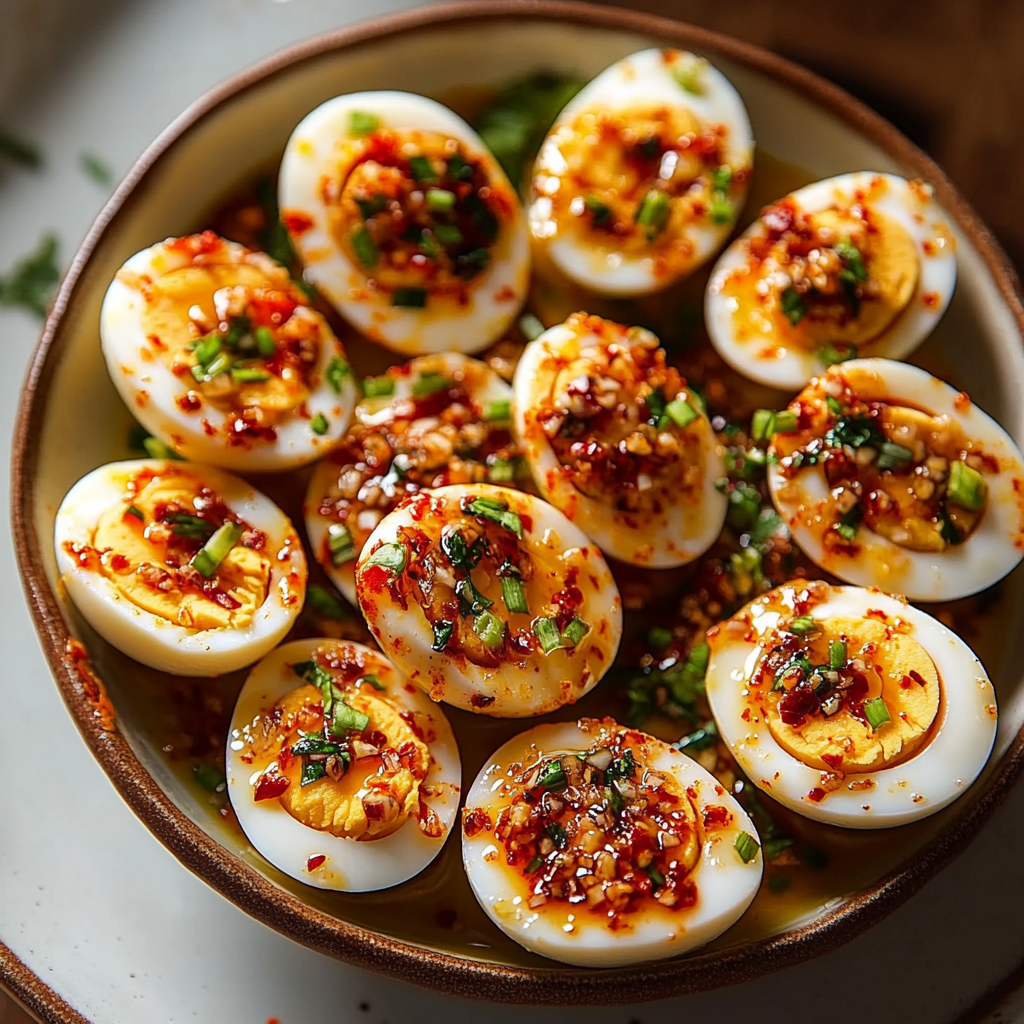 Spicy Chili Garlic Deviled Eggs