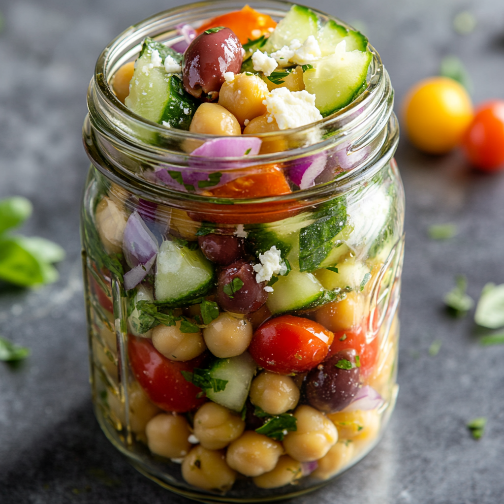 Mason Jar Greek Salad with Chickpeas