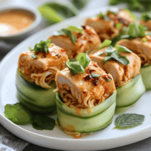 Cold Ramen Cucumber Wraps with Spicy Peanut Chicken