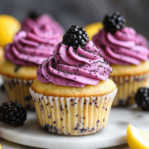 Lemon Poppy Seed Cupcakes with Blackberry Frosting