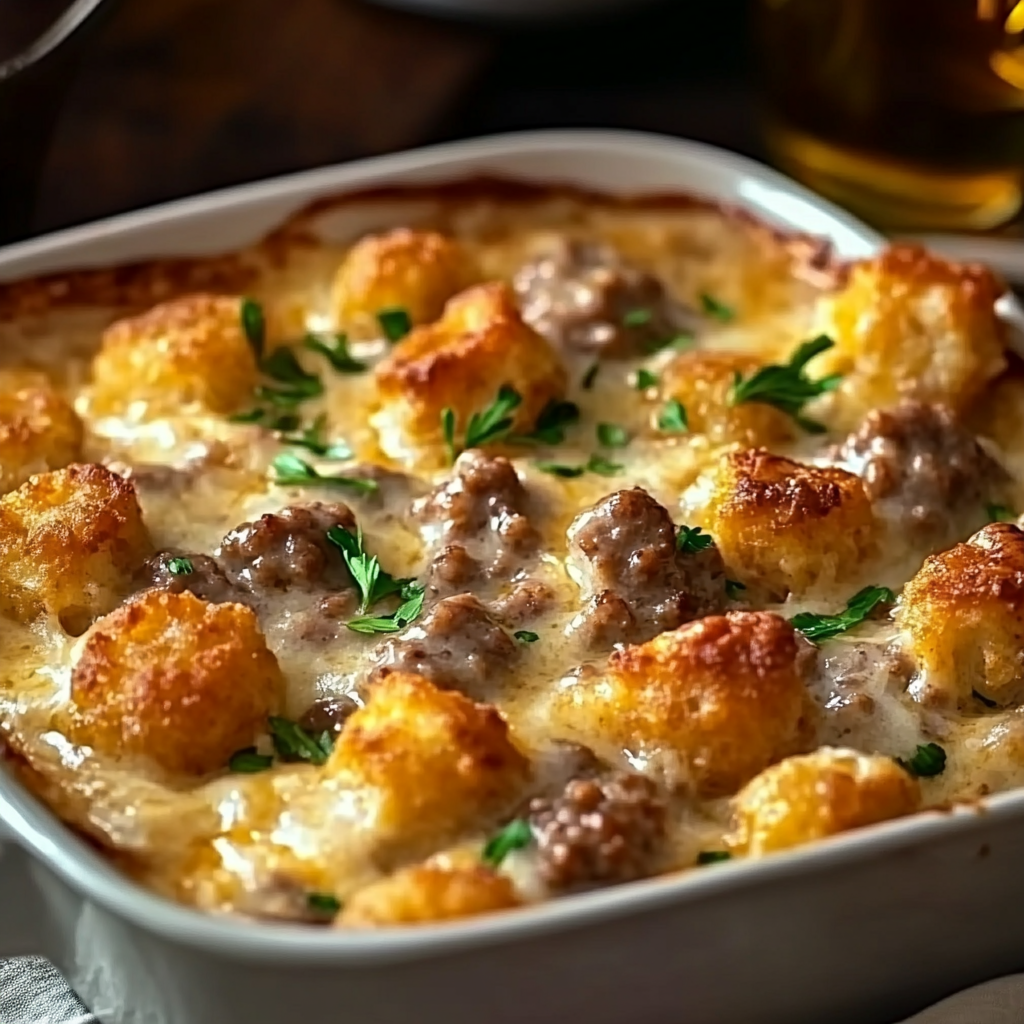 Sausage Gravy Tater Tot Casserole
