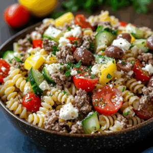 Greek Ground Beef Pasta Salad