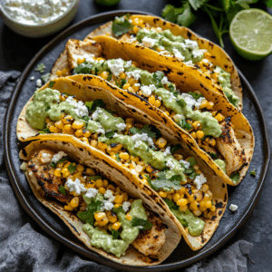 Grilled Elote Chicken Street Tacos with Avocado Crema