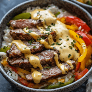 High Protein Philly Cheesesteak Rice Bowls