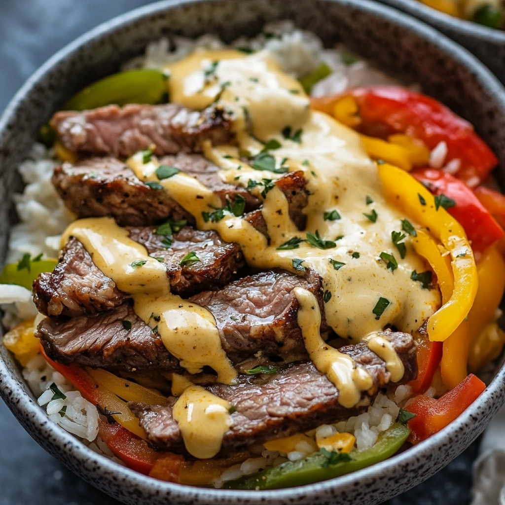 High Protein Philly Cheesesteak Rice Bowls