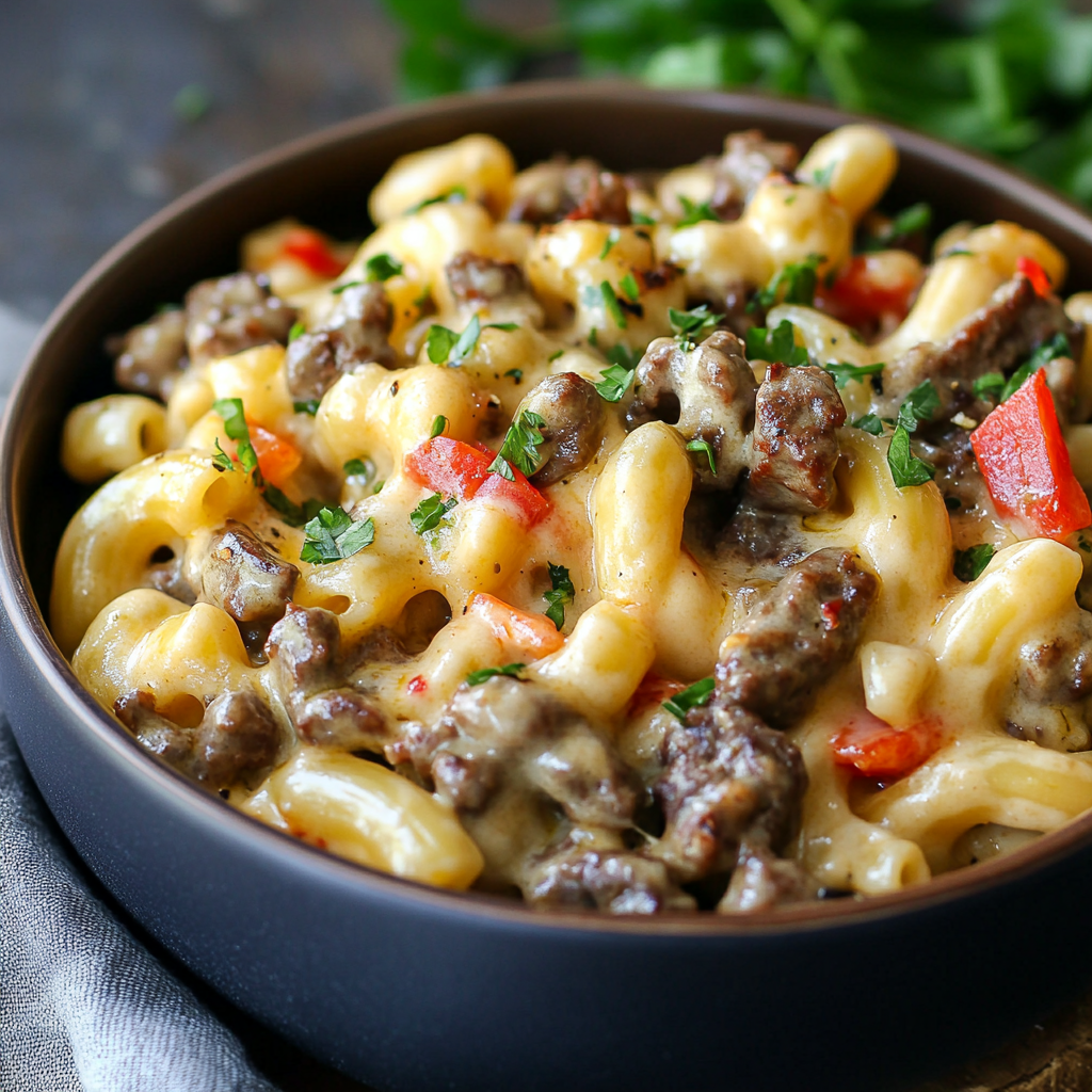 High Protein Philly Cheesesteak Mac n Cheese