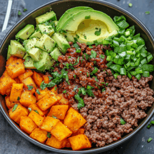 Spicy Ground Beef & Sweet Potato Protein Bowl