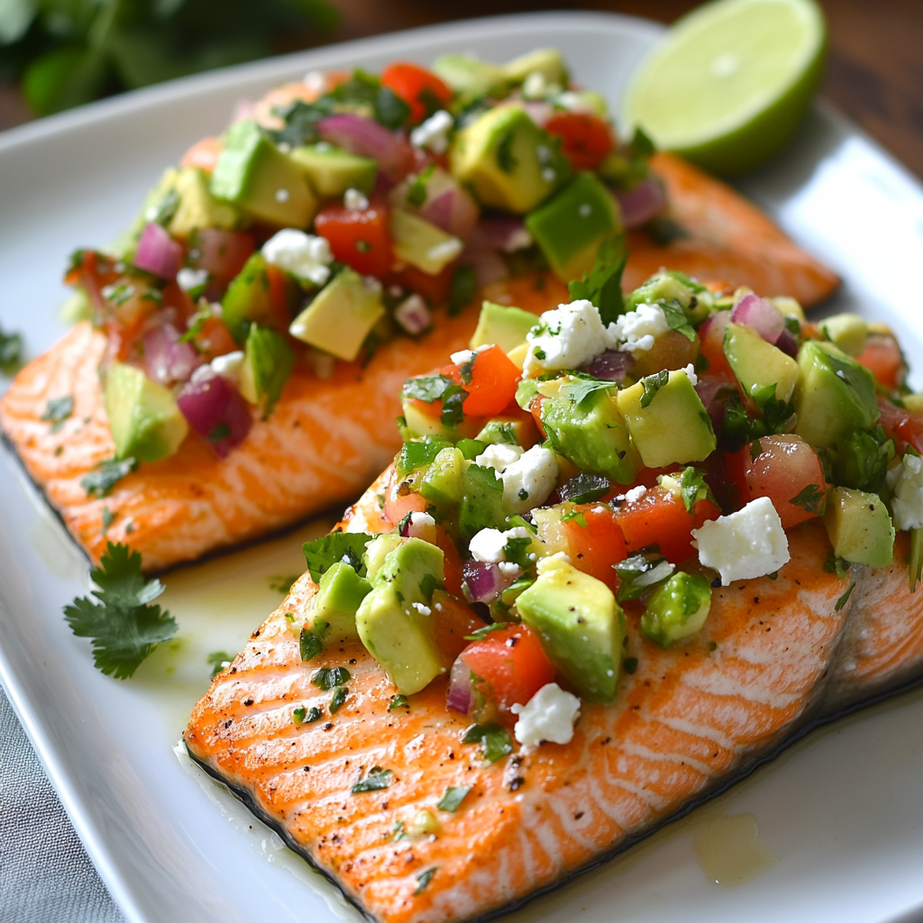 Salmon with Spicy Avocado Feta Salsa