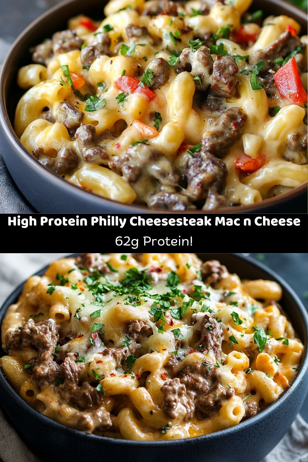 High Protein Philly Cheesesteak Mac n Cheese