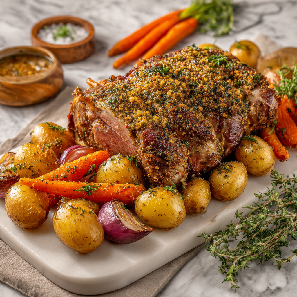 Herb-Crusted Roast Lamb with Baby Potatoes & Carrots