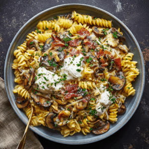 French Onion Pasta with Mushrooms and Burrata