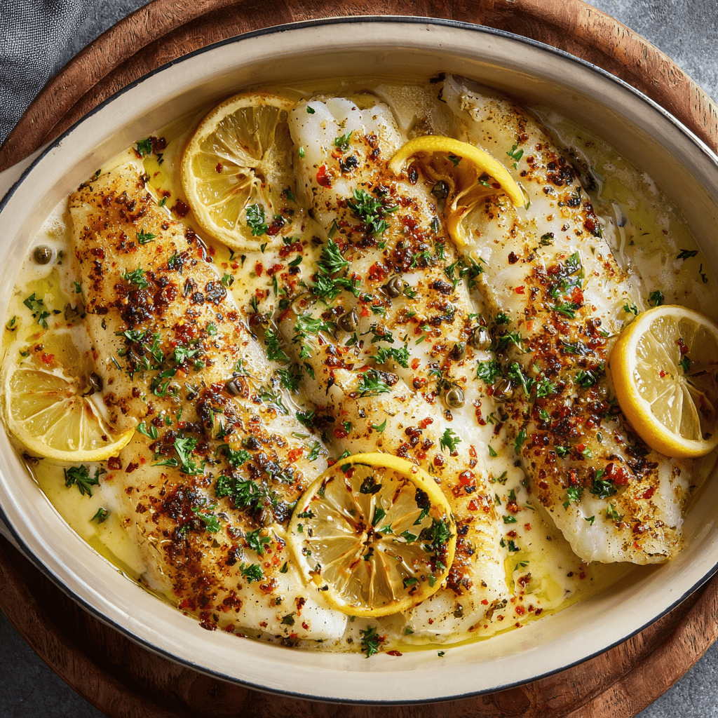 Lemon Butter Baked Flounder with Zesty Garlic Aioli