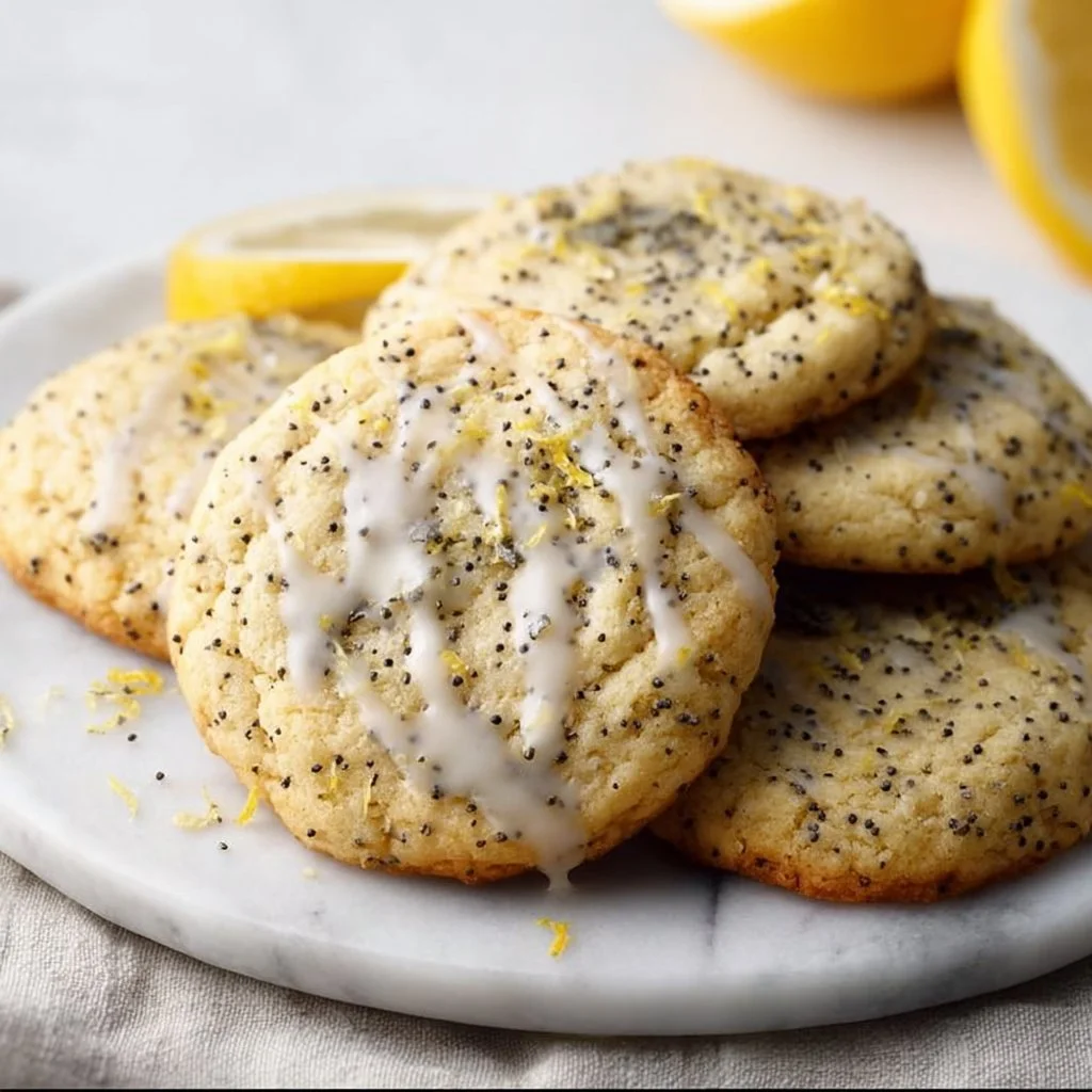 Delicious lemon poppy seed cookies on a white plate, showcasing their texture and color.