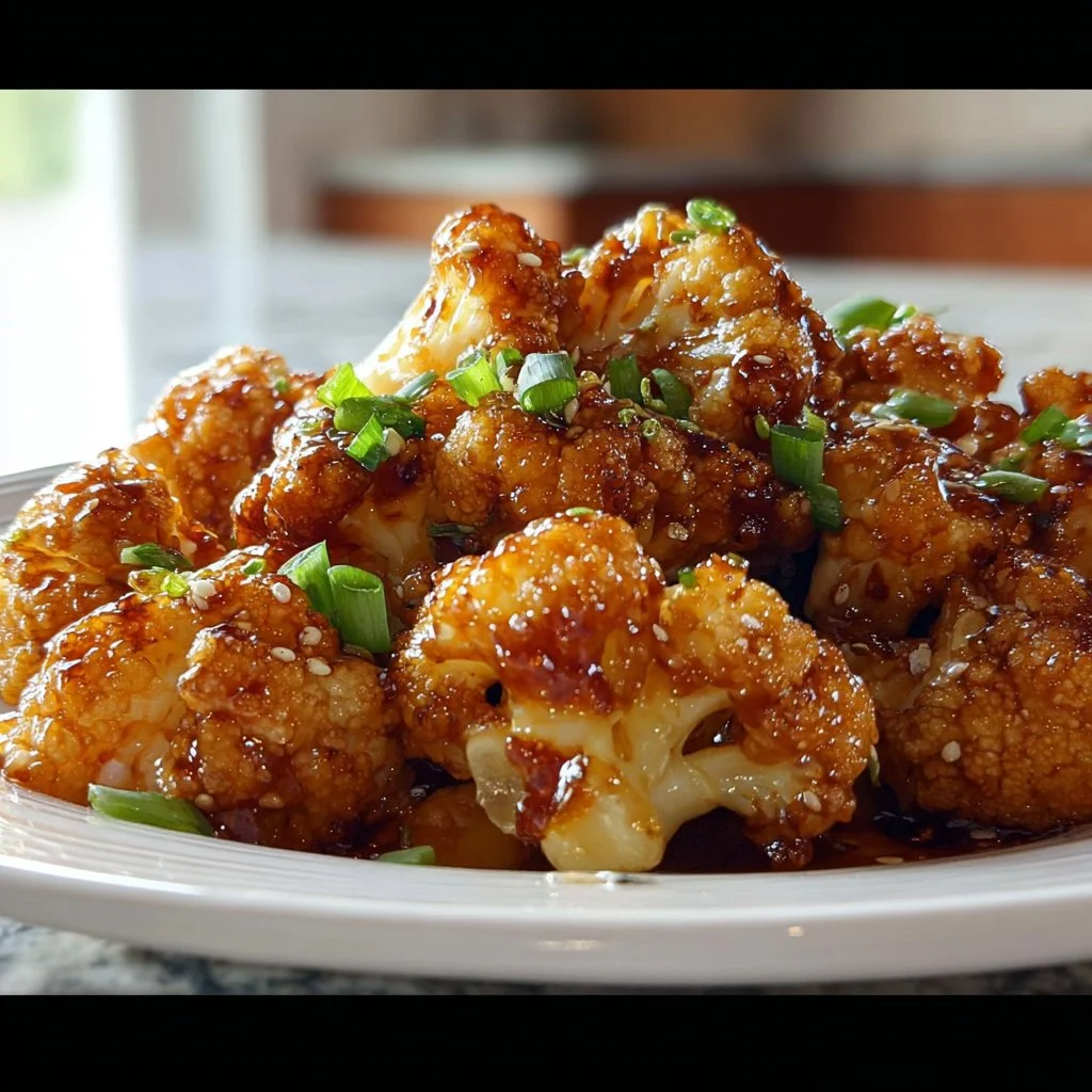 Plate of sticky honey garlic cauliflower garnished and ready to serve.