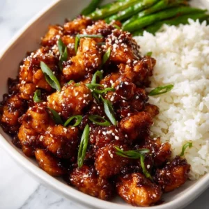 High Protein Sesame Chicken dish garnished with sesame seeds and green onions