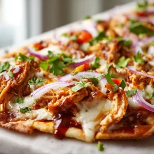 BBQ chicken flatbread topped with fresh ingredients and smoky sauce.