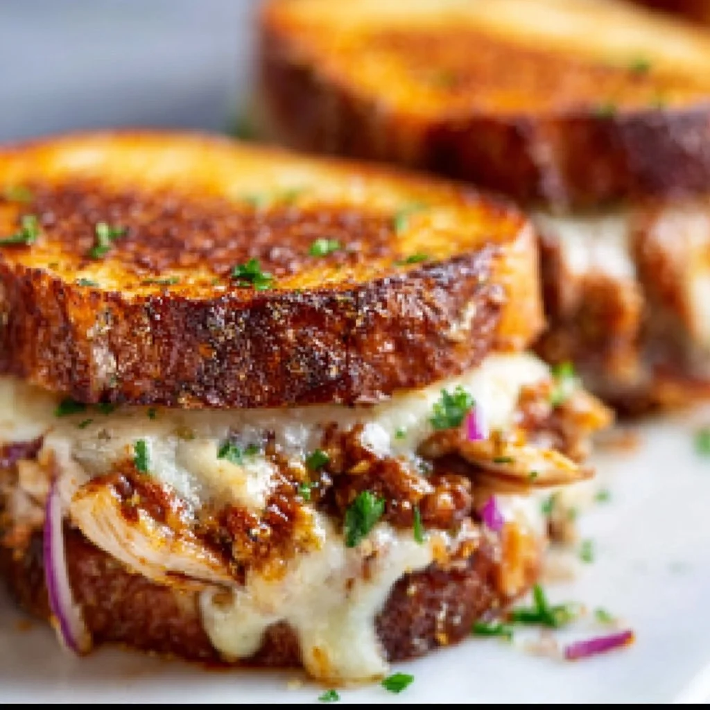 BBQ chicken grilled cheese sandwich with melted cheese and crispy bread