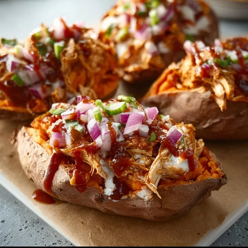 BBQ chicken stuffed in sweet potatoes for a healthy family dinner recipe