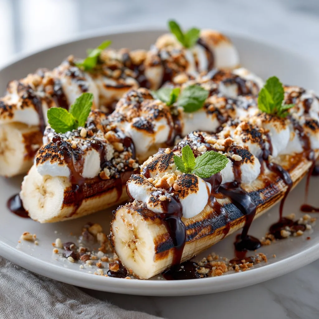 Campfire banana boats dessert recipe with melted chocolate and marshmallows
