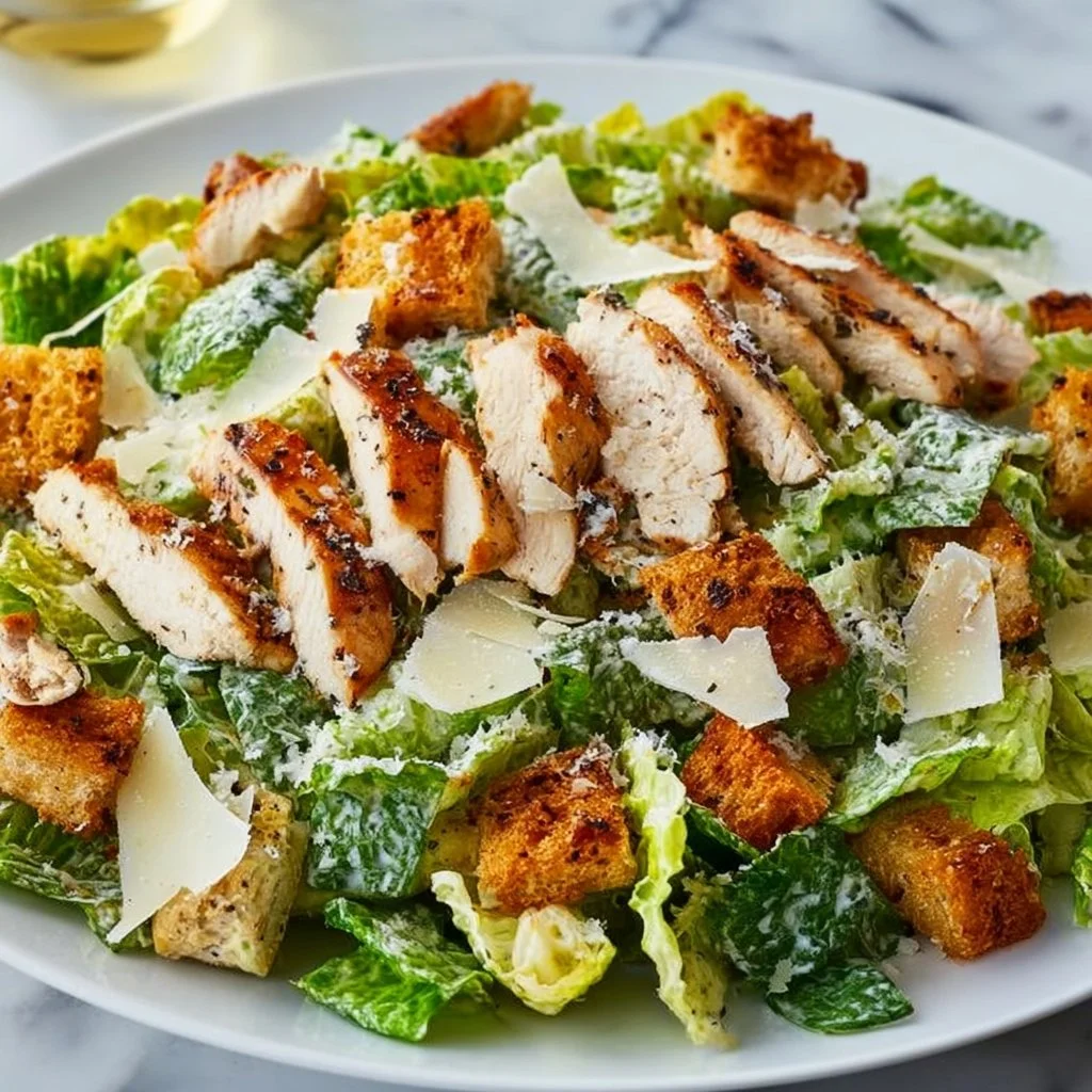 Delicious Chicken Caesar Salad with grilled chicken, romaine lettuce, and dressing