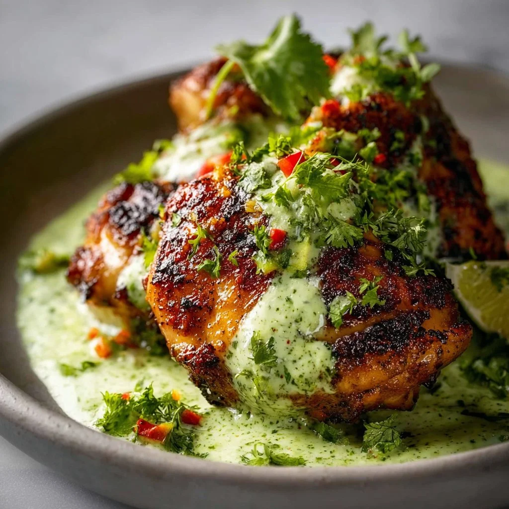 Delicious Peruvian chicken served with creamy green sauce