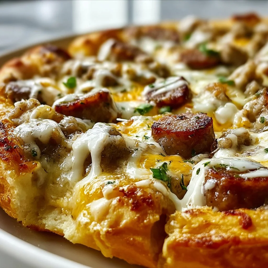 Delicious Biscuits and Sausage Gravy Breakfast Pizza topped with herbs.