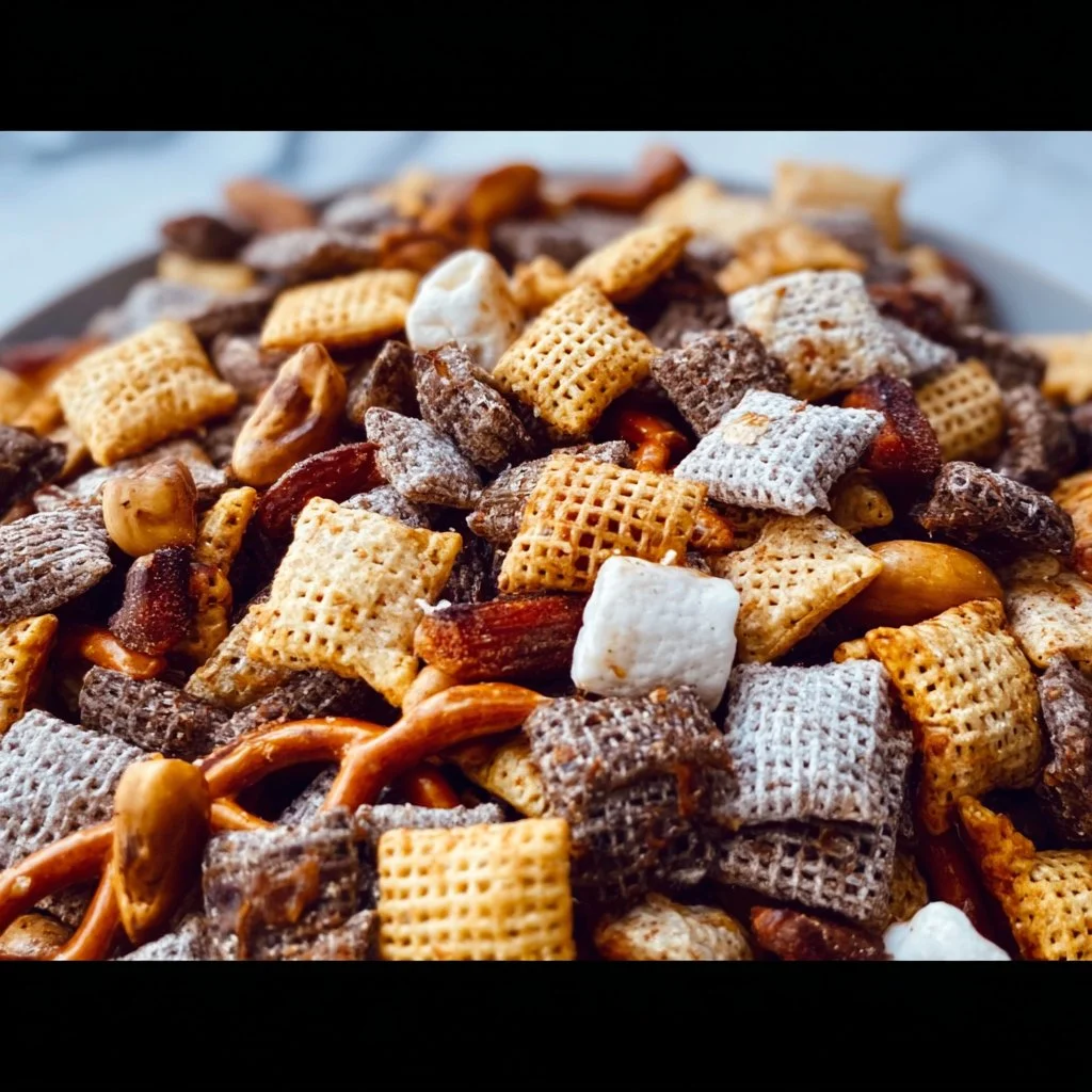 Campfire Snack Mix featuring nuts, chocolate, and marshmallows