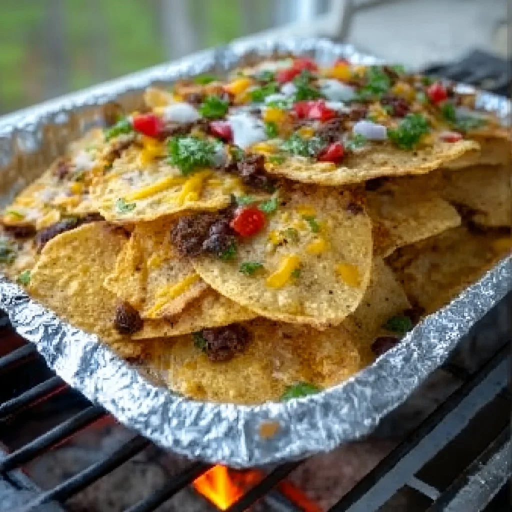 Delicious grilled nachos made over a campfire or grill, perfect for camping