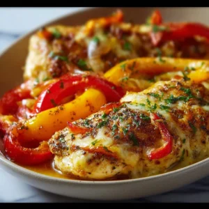 Cheesy baked chicken breast with peppers, a flavorful dish perfect for weeknight meals