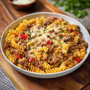 Cheesy beef rotini bake dish topped with melted cheese in a serving bowl