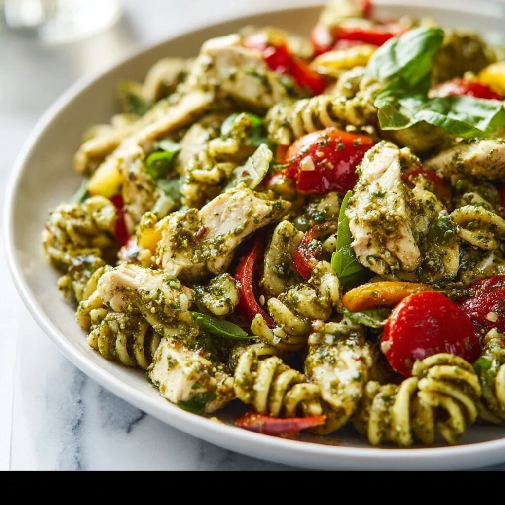 Delicious Chicken Pesto Pasta Salad with fresh ingredients and vibrant colors