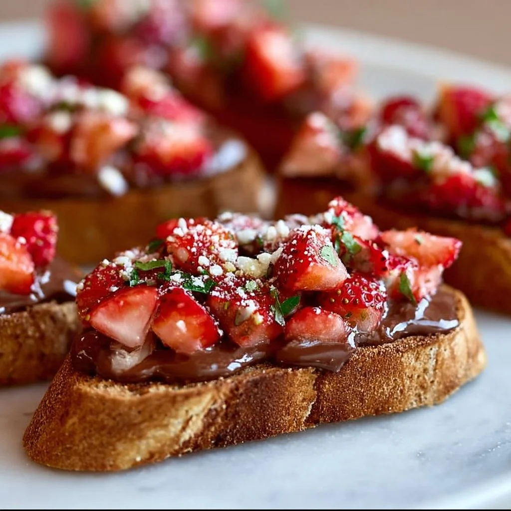 Delicious chocolate strawberry bruschetta topped with fresh strawberries and chocolate drizzle