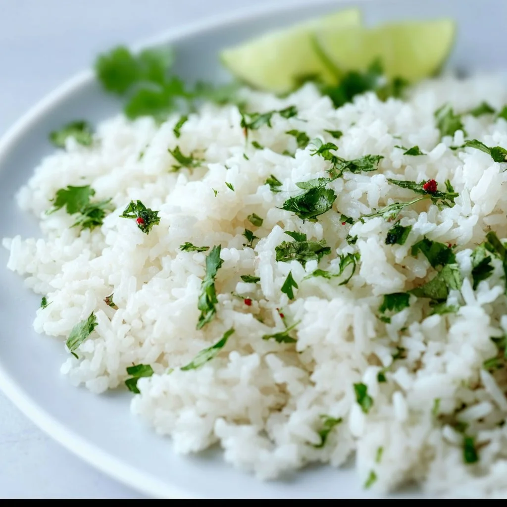 Cilantro lime rice cooked in a rice cooker, garnished with lime and cilantro.