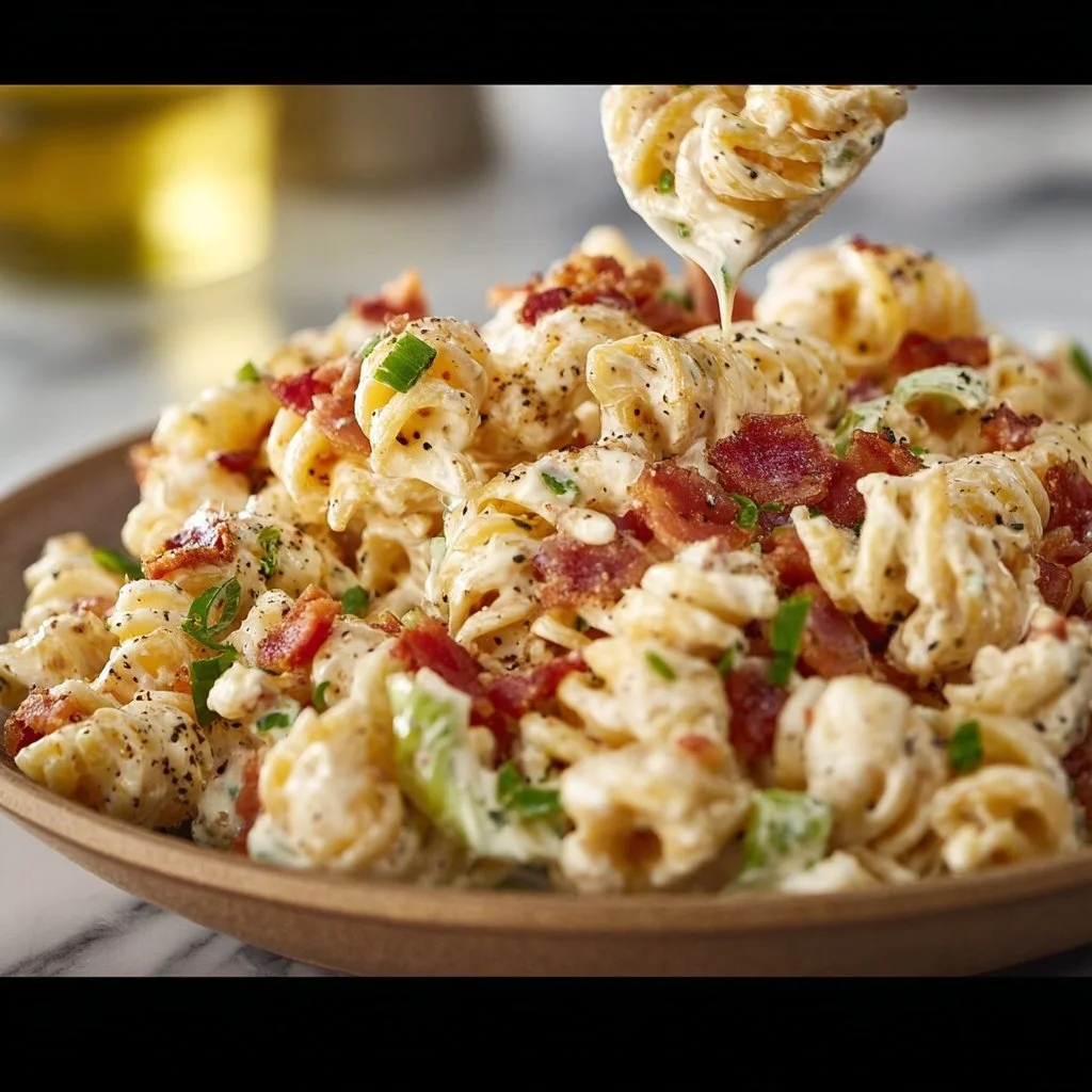 Creamy Bacon Cheddar Ranch Pasta Salad with fresh ingredients