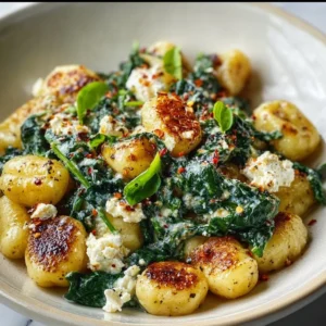 Plate of creamy gnocchi with spinach and feta cheese garnished with herbs.
