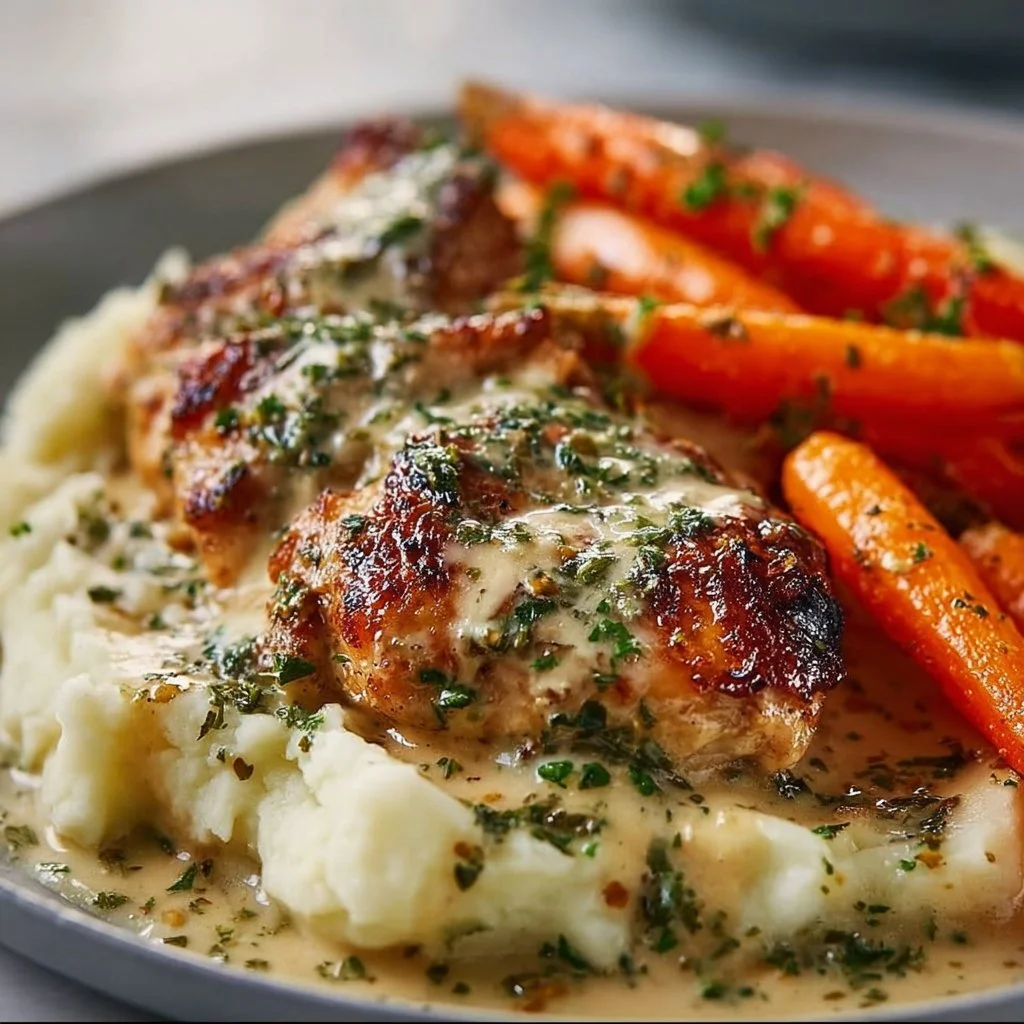 Creamy herb chicken dish with mashed potatoes and honey glazed carrots.