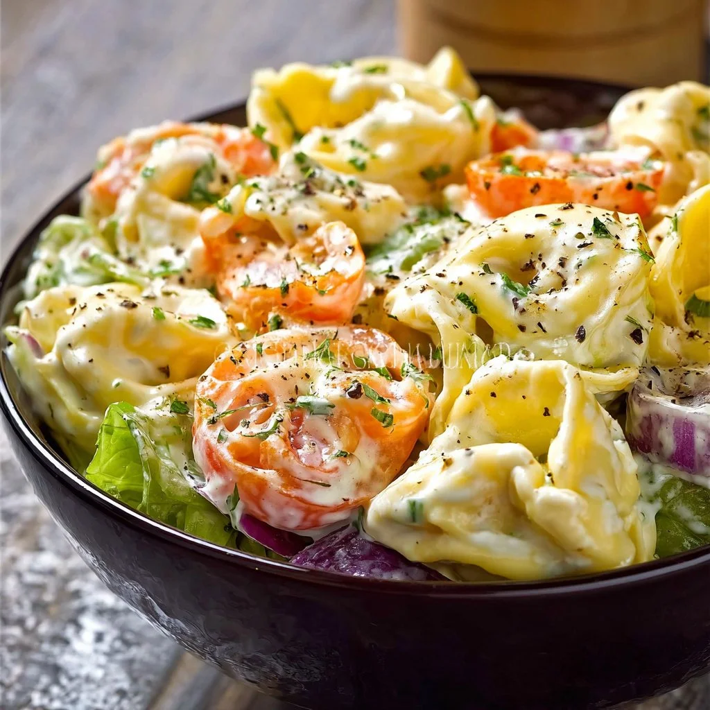 Creamy Italian tortellini salad with fresh vegetables and dressing