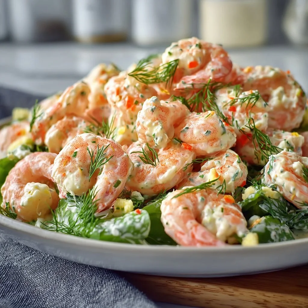 Creamy shrimp salad with fresh vegetables and dressing served in a bowl
