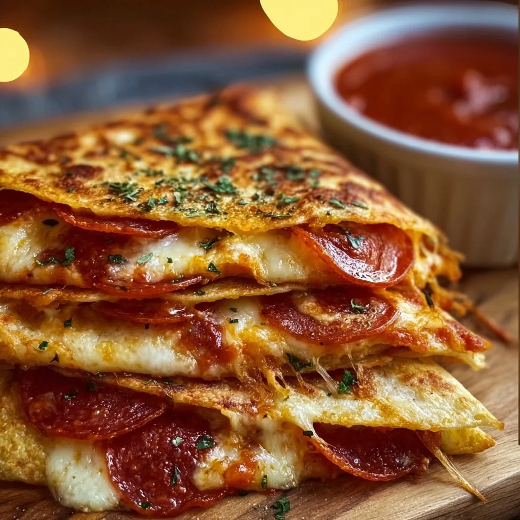Crispy pepperoni pizza quesadillas served on a plate with dipping sauce